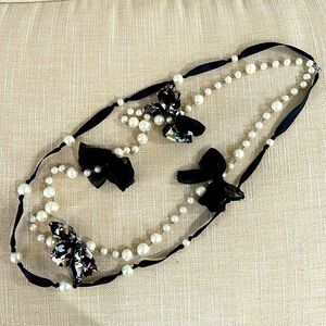 Multi layer costume jewelry necklace Two strand Pearl ribbon bow double